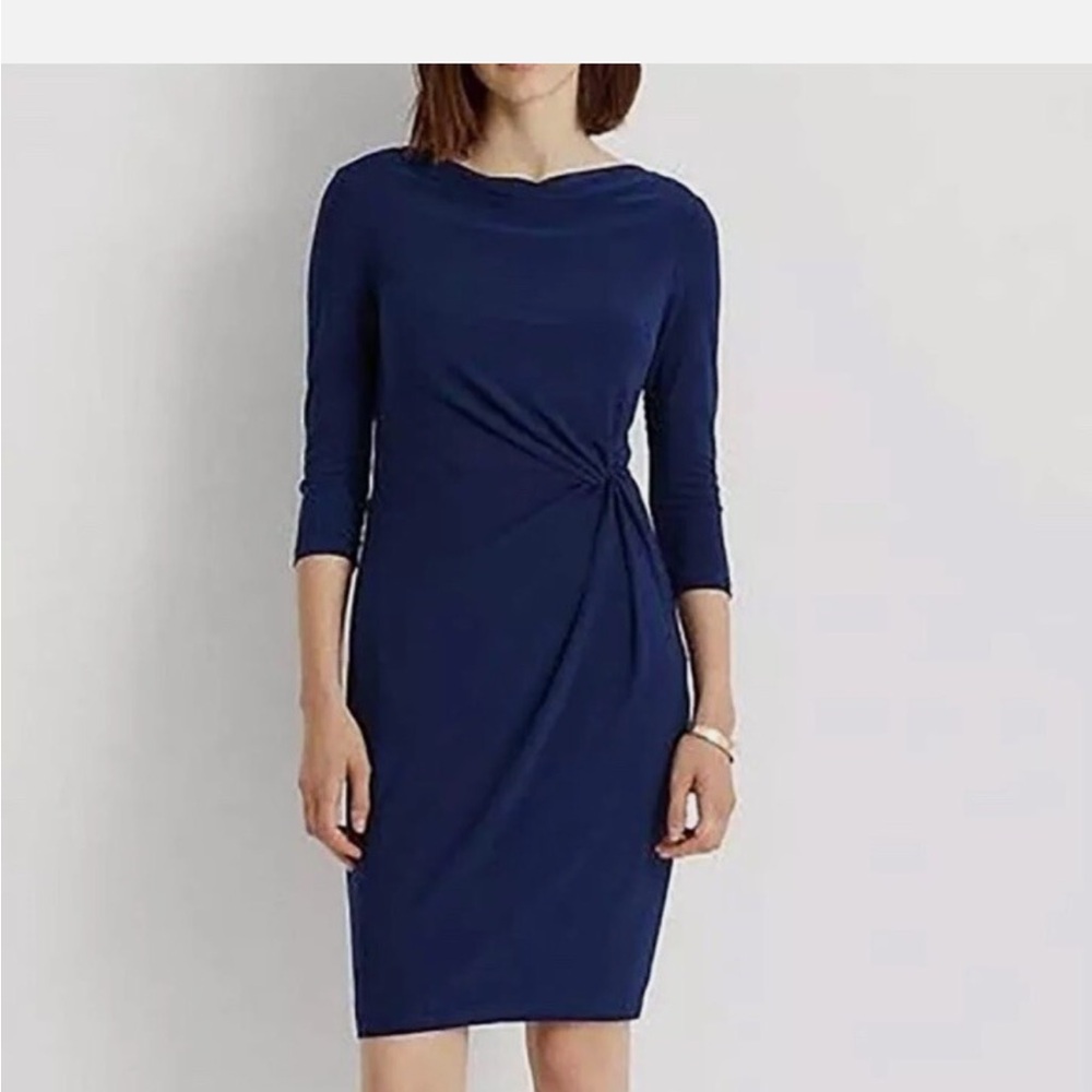 Ralph Lauren Side-Gathered Navy Long Sleeve Dress